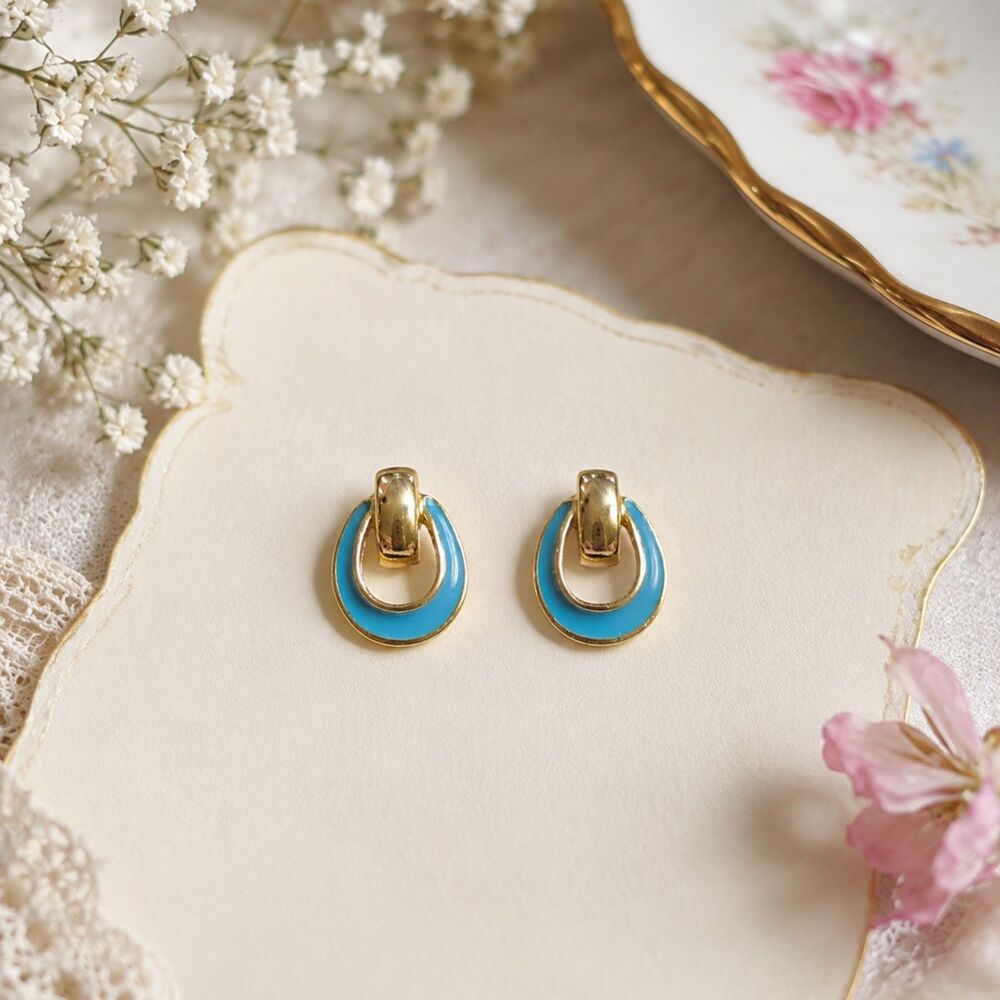 Turquoise Blue Enamel Earrings, Gold Tone Door Knocker Earrings, Retro Jewelry